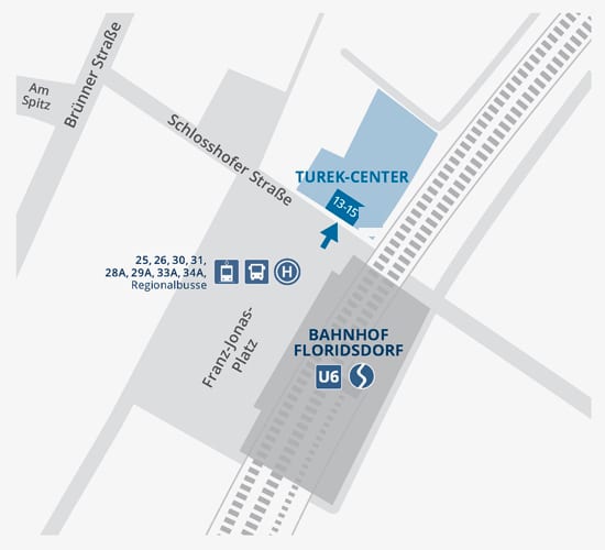 Lageplan: Das Turek-Center liegt an der Schlosshofer Straße 13–15, Eingang Franz-Jonas-Platz, direkt am Verkehrsknoten Bahnhof Floridsdorf (U6, S-Bahn, Straßenbahn, Bus).